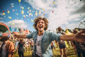 Crowded group of young people dancing cheering and celebrating on a summer festival outside in the day time