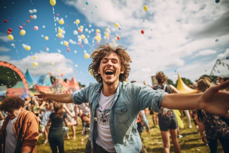 Crowded group of young people dancing cheering and celebrating on a summer festival outside in the day time