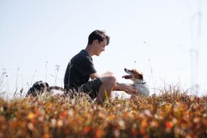 Teenager on autumn lawn with small white dog. Friendship and travel concept